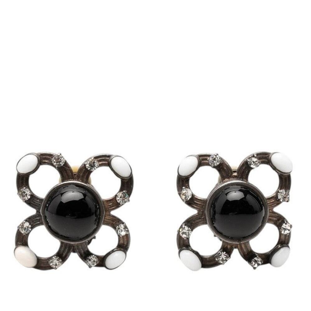 Chanel Flower Motif Rhinestone Earrings Silver Black